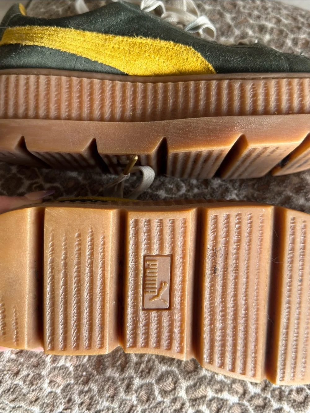 FENTY by Rihanna x Puma Olive Suede Platform Creeper Sneakers with Yellow Stripe